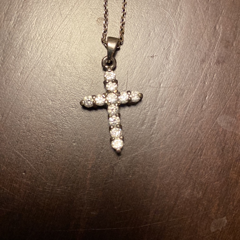 White Rhinestone Cross Necklace with Silver Chain